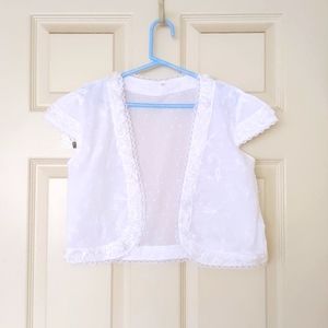 NWOT. Short Sleeve Cropped Openfront Top w/embroidery, lace and 3D flowers trim.